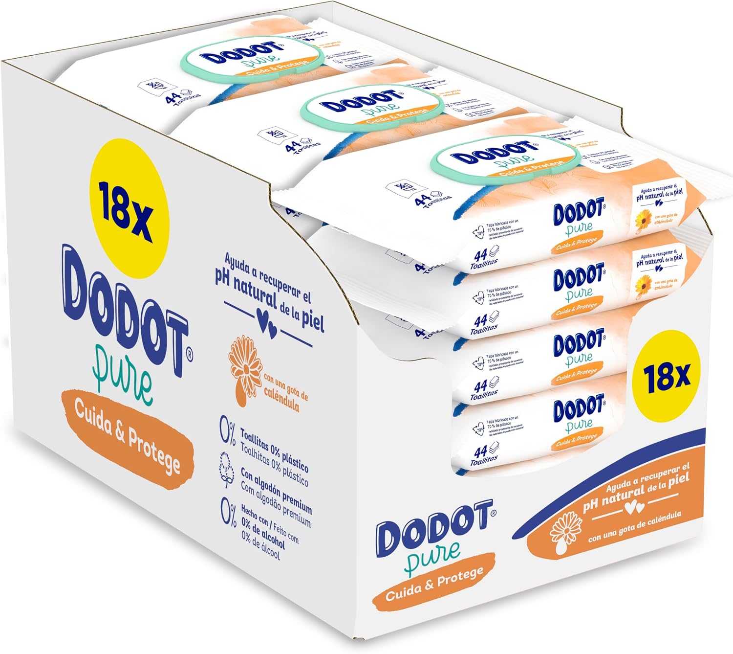 Dodot Pure Lingettes Soin & Protège pour bébé, 792 lingettes (18 paquets de 44 unités), aide à restaurer le pH naturel de la peau, 99 eau, sans plastique - Image 1