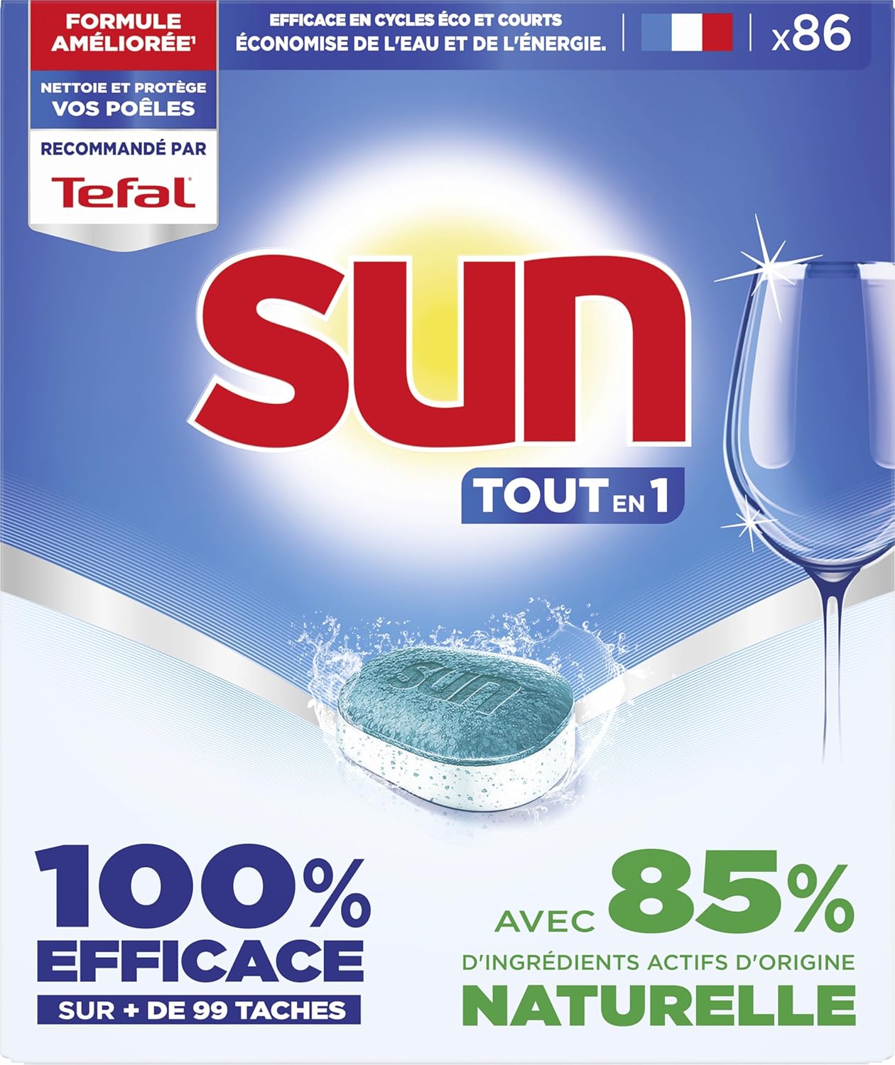 SUN - All in 1 regular dishwasher tablets - 86 tablets - with 85% ingredients of natural origin - 100% effective on more than 99 stains - Made in France - Image 1