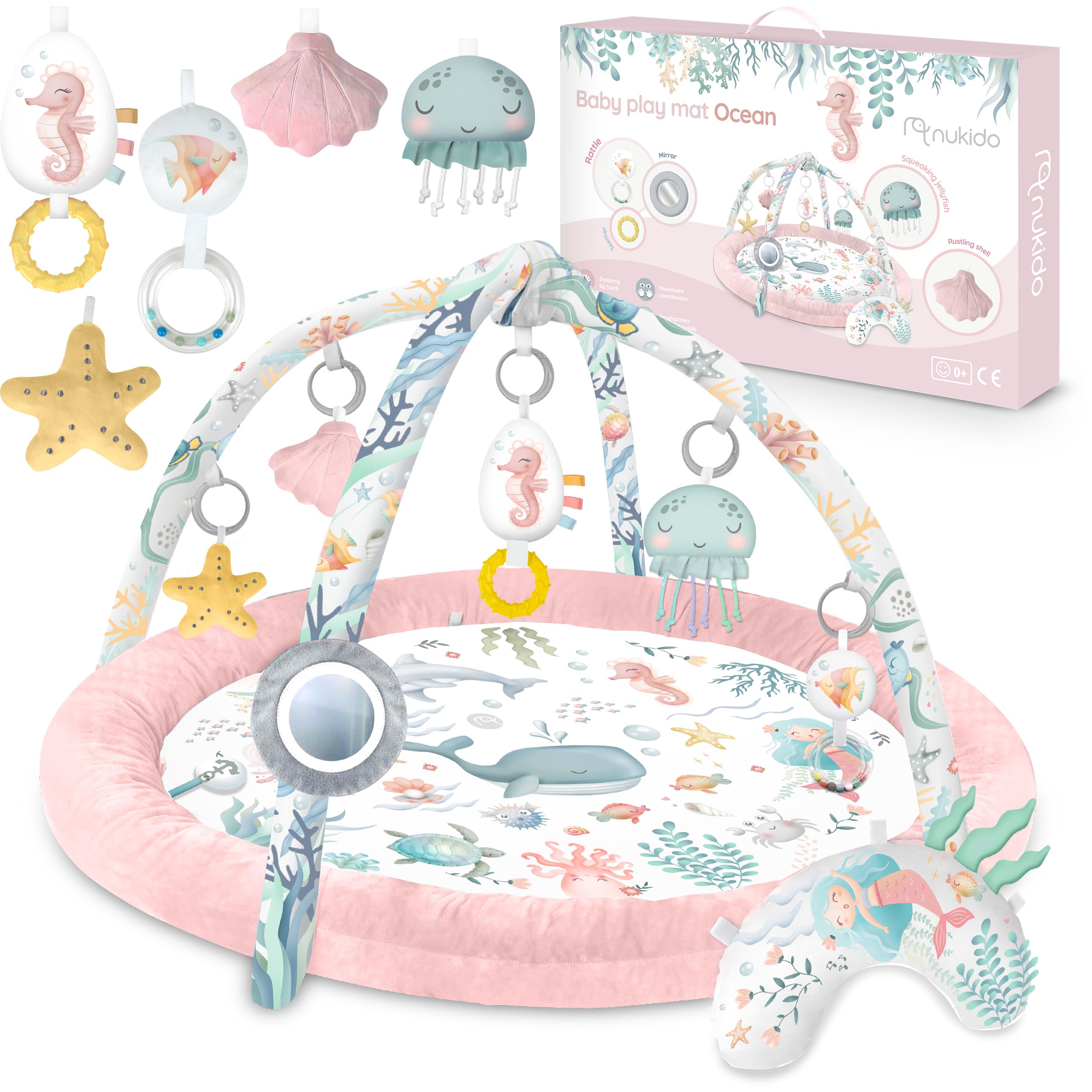 Nukido Baby Play Mat with Removable Arches 7 Multifunctional Toys Soft Cushion Sensory Development Hand Eye Coordination Pink Ocean - Image 1
