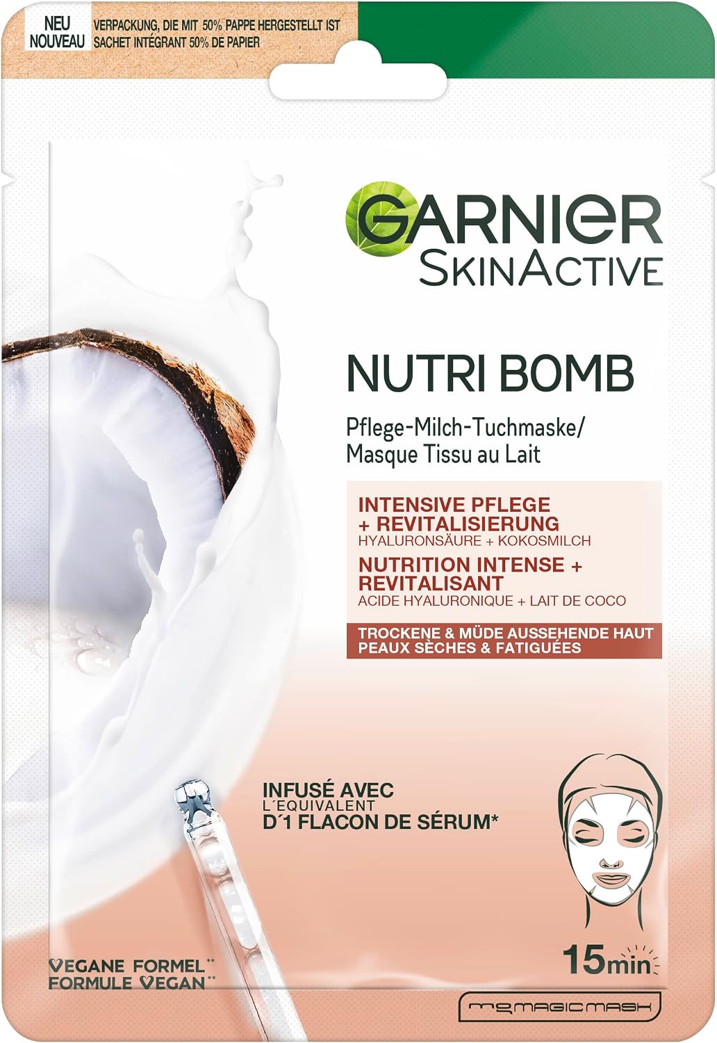 GARNIER Skin Active - Masque Visage Tissu Nutri Bomb - Nutrition Intense & Revitalisant - Lait de Coco & Acide Hyaluronique - Vegan & Cruelty Free - Peaux Sèches & Fatiguées - x1 - Image 1
