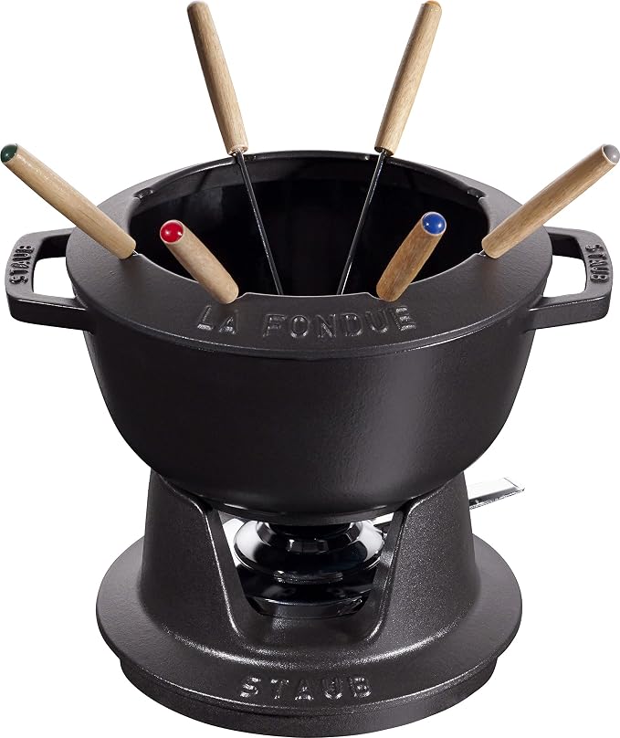 STAUB Cast Iron Fondue Set with 6 Fondue Forks, for Savoyard, Burgundy and Chocolate Fondue, Diameter 20 cm, Matte Black - Image 1