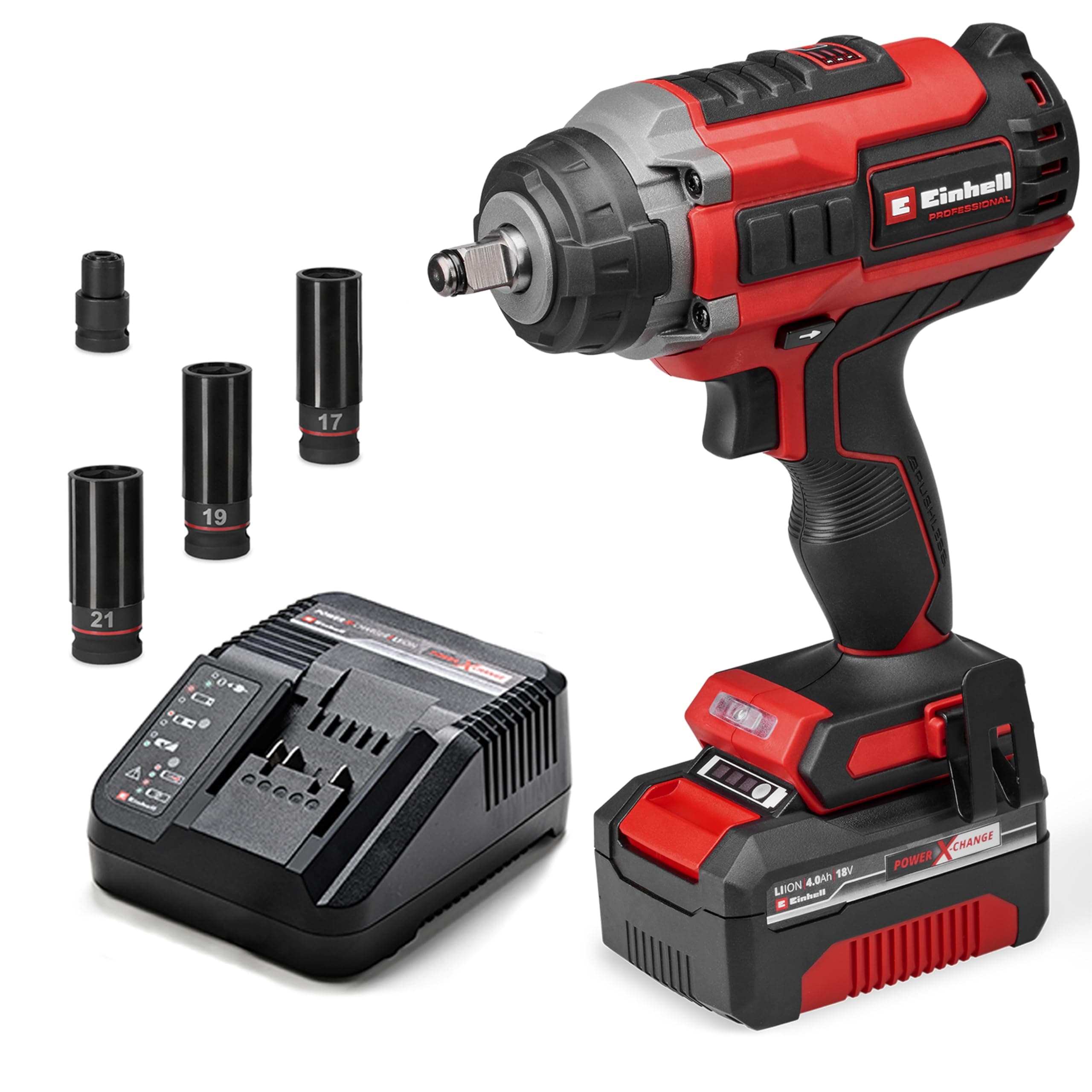 Einhell Professional Impaxxo 18/450 Cordless Nutrunner (1 x 4.0 Ah) Power X-Change (18 V, 450 Nm, Brushless Motor, 4-Point Male Bit Holder, with 4 Ah Battery, Charger, Socket Set)