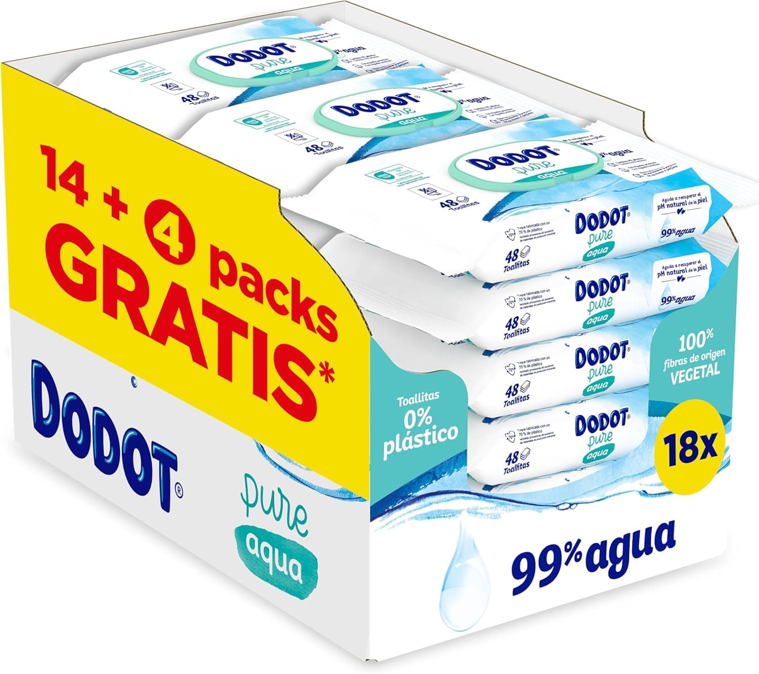 Dodot Pure Aqua Baby Wipes, 99% Water, 100% Plant-Based Fibre, 864 Wipes, 18 Packs (18 x 48)