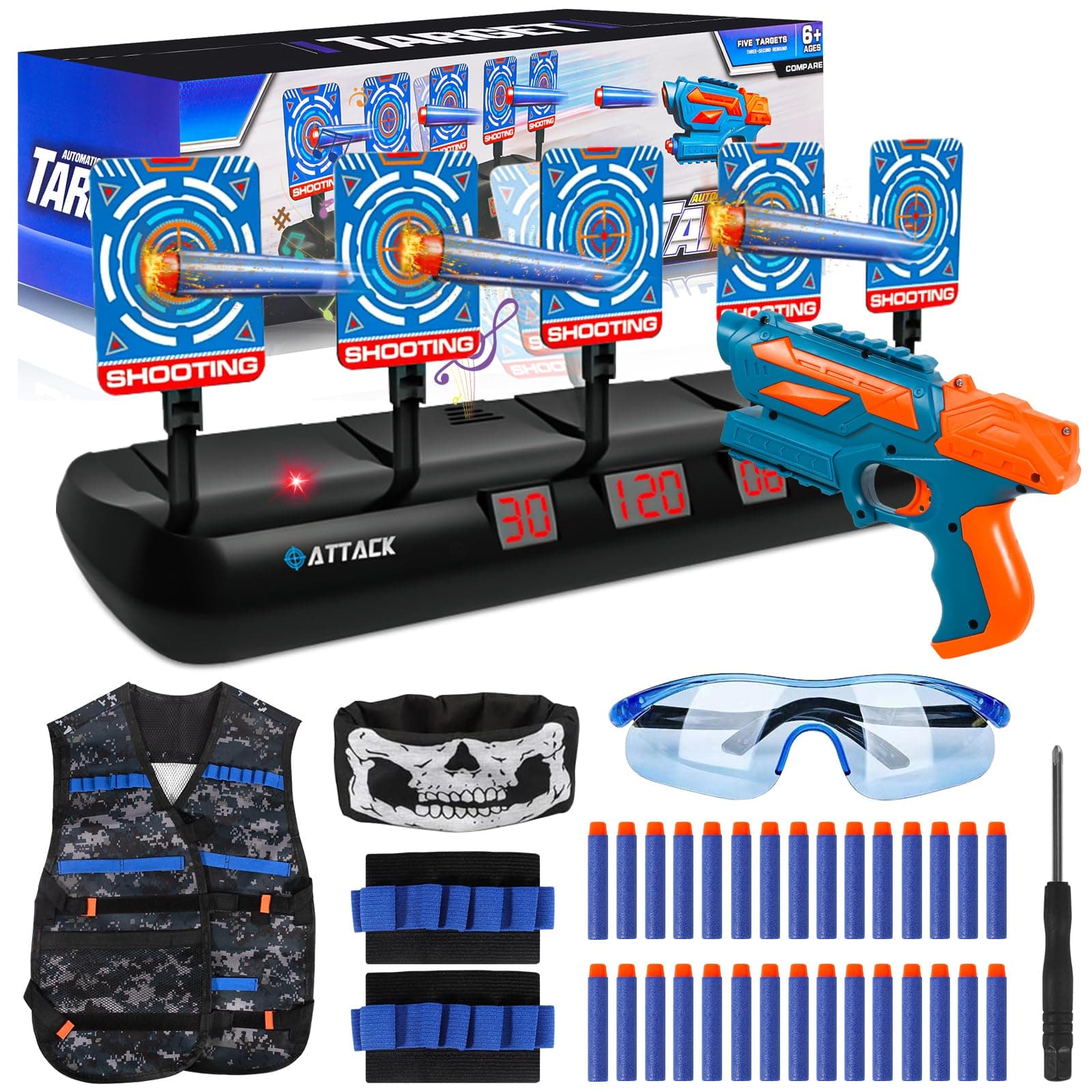 Nerf Target with 5 Targets 3 Modes, Target with Gun Toys, Tactical Vest, 30 Foam Darts, Electronic Shooting Game with Light and Sound Effect, Toy for 3+ Years Boys Girls