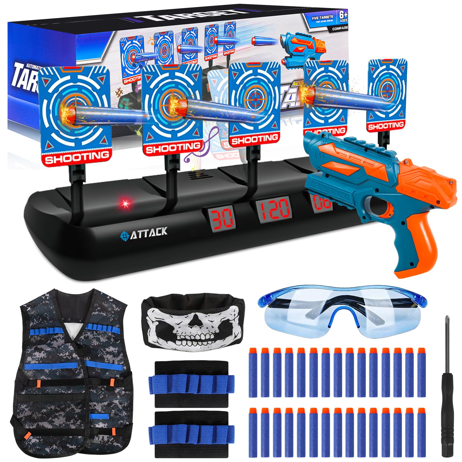 Nerf Target with 5 Targets 3 Modes, Target with Gun Toys, Tactical Vest, 30 Foam Darts, Electronic Shooting Game with Light and Sound Effect, Toy for 3+ Years Boys Girls - Image 1