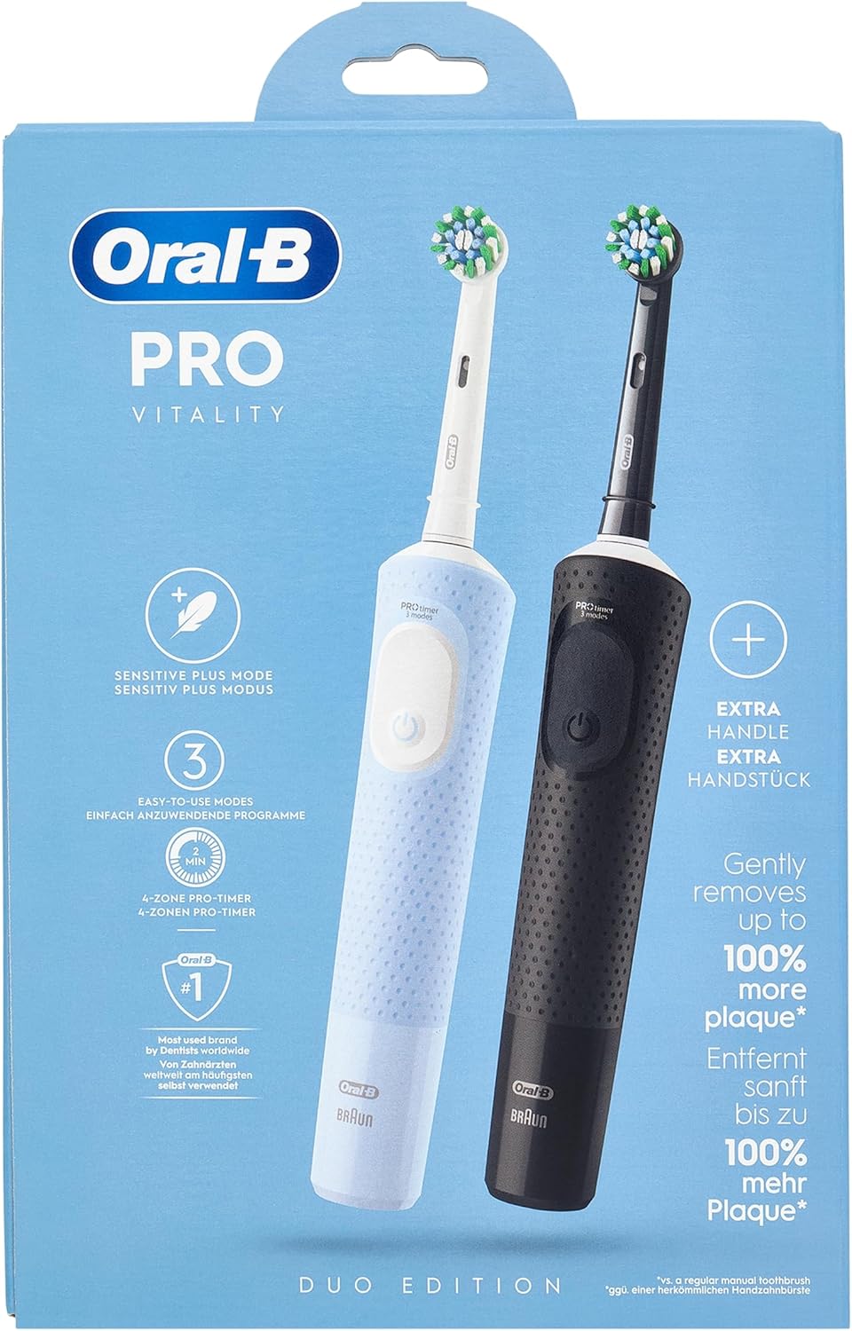Oral-B Vitality Pro Lot de 2 brosses à dents électriques 3 modes de brossage pour soins dentaires, Designed by Braun, bleu/noir - Image 1