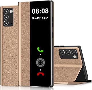 Coque pour Samsung Note 20 Clear View Cover Coque pour Samsung Galaxy Note20 Ultra Etui à Rabat Protection Case Flip Silicone TPU Antichoc Mince Douce 360 Full Body Antichoc Housse 5G (Doré) - Image 1