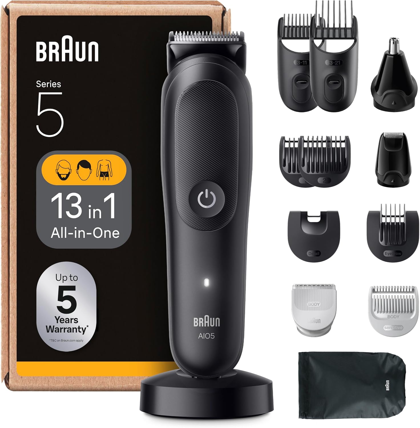 Braun Tondeuse Electrique Tout-En-Un Pour Hommes Series 5 AIO5565 Noir, etanche, Kit De Rasage 13-En-1 Avec Lame Ultra Affûtée, Coffret Avec 8 Sabots Pour Les Cheveux, La Barbe, Le Nez et Le Corps - Image 1
