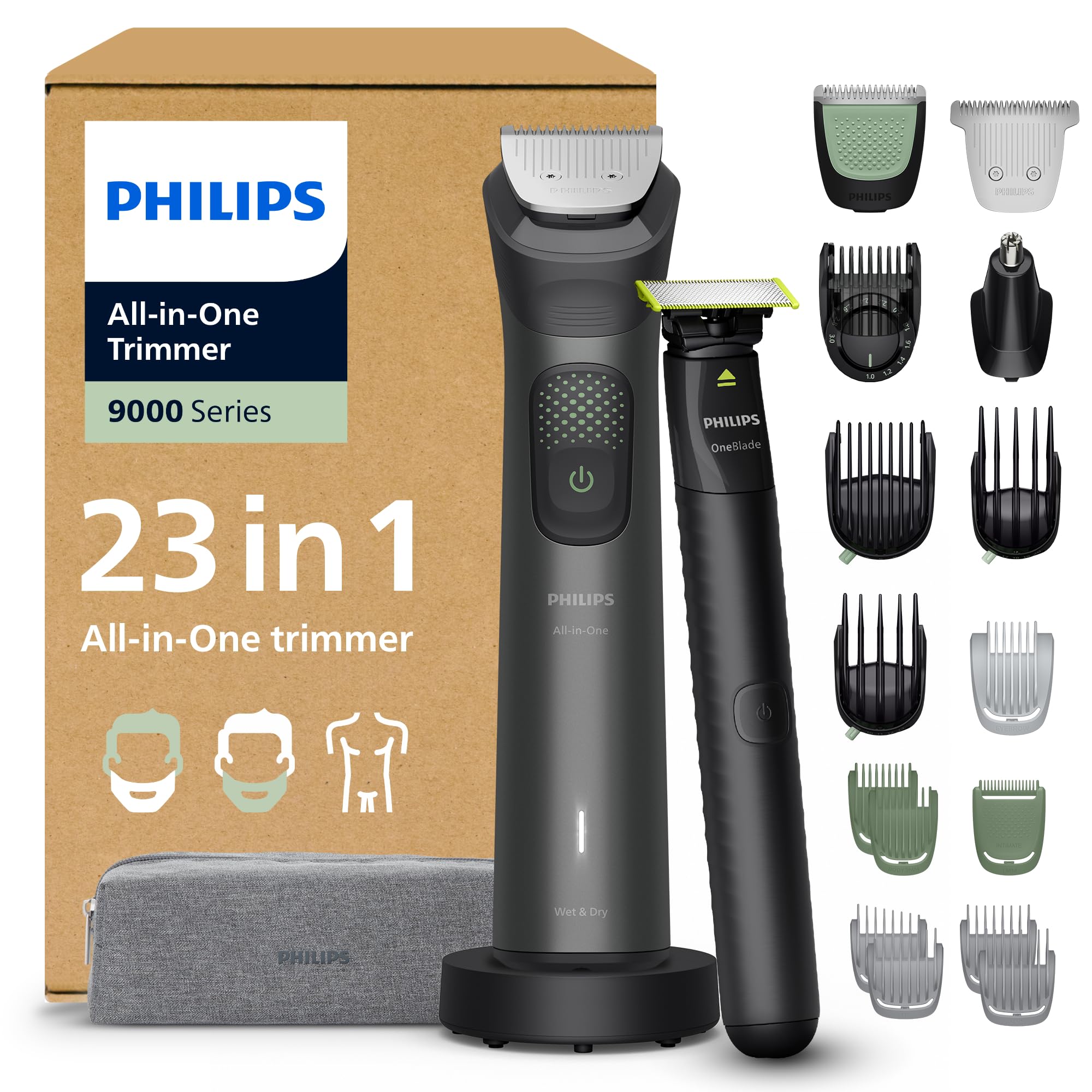 Philips Multigroom 9000 Series All-in-One Trimmer 23 Accessories + OneBlade Razor for Men - Beard Hair & Body Trimmer Set, 27 Cutting Heights (0.2-20mm), MG9561/30 - Image 1