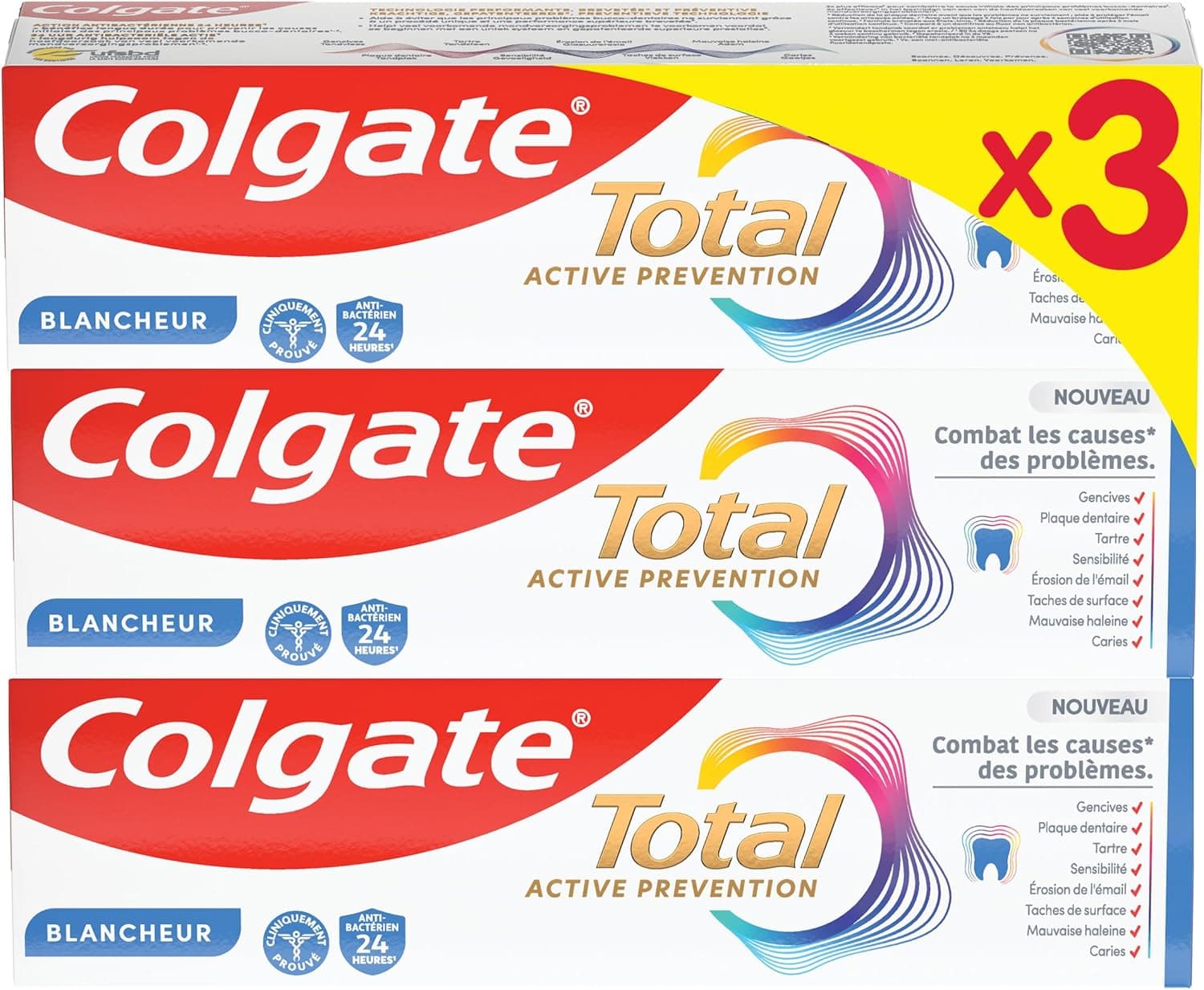 COLGATE - Total Prévention Dentifrice 24h Active Blancheur Naturelle - Aide à prévenir les problèmes bucco-dentaires - Réduit les taches de surface - 3x75ml