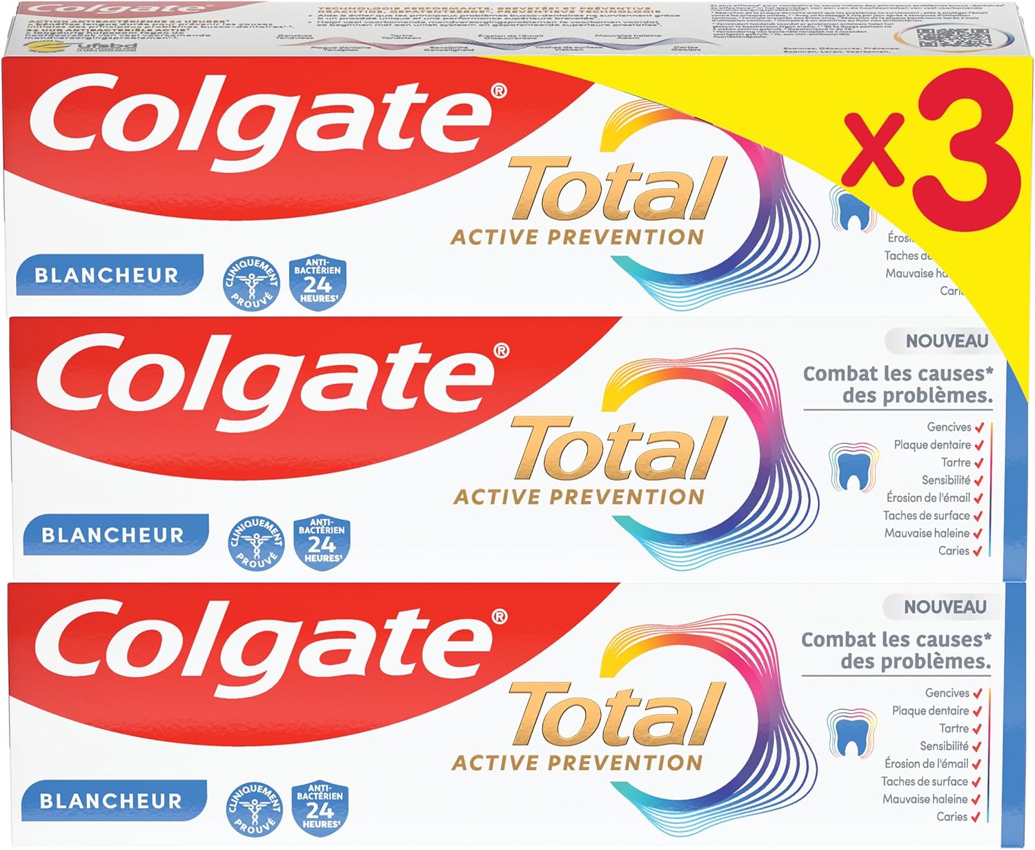 COLGATE - Total Prévention Dentifrice 24h Active Blancheur Naturelle - Aide à prévenir les problèmes bucco-dentaires - Réduit les taches de surface - 3x75ml - Image 1