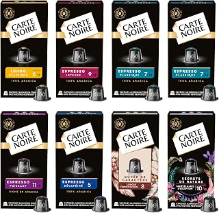 CARTE NOIRE - Assortiment de 8 x 10 Capsules Aluminium - Compatibles Nespresso® - N°6 Lungo, N°7 Classique, N°9 Intense, Secrets de nature, N°5 Décaféiné, Cuvée de caractère, Puissant N°11 - Image 1