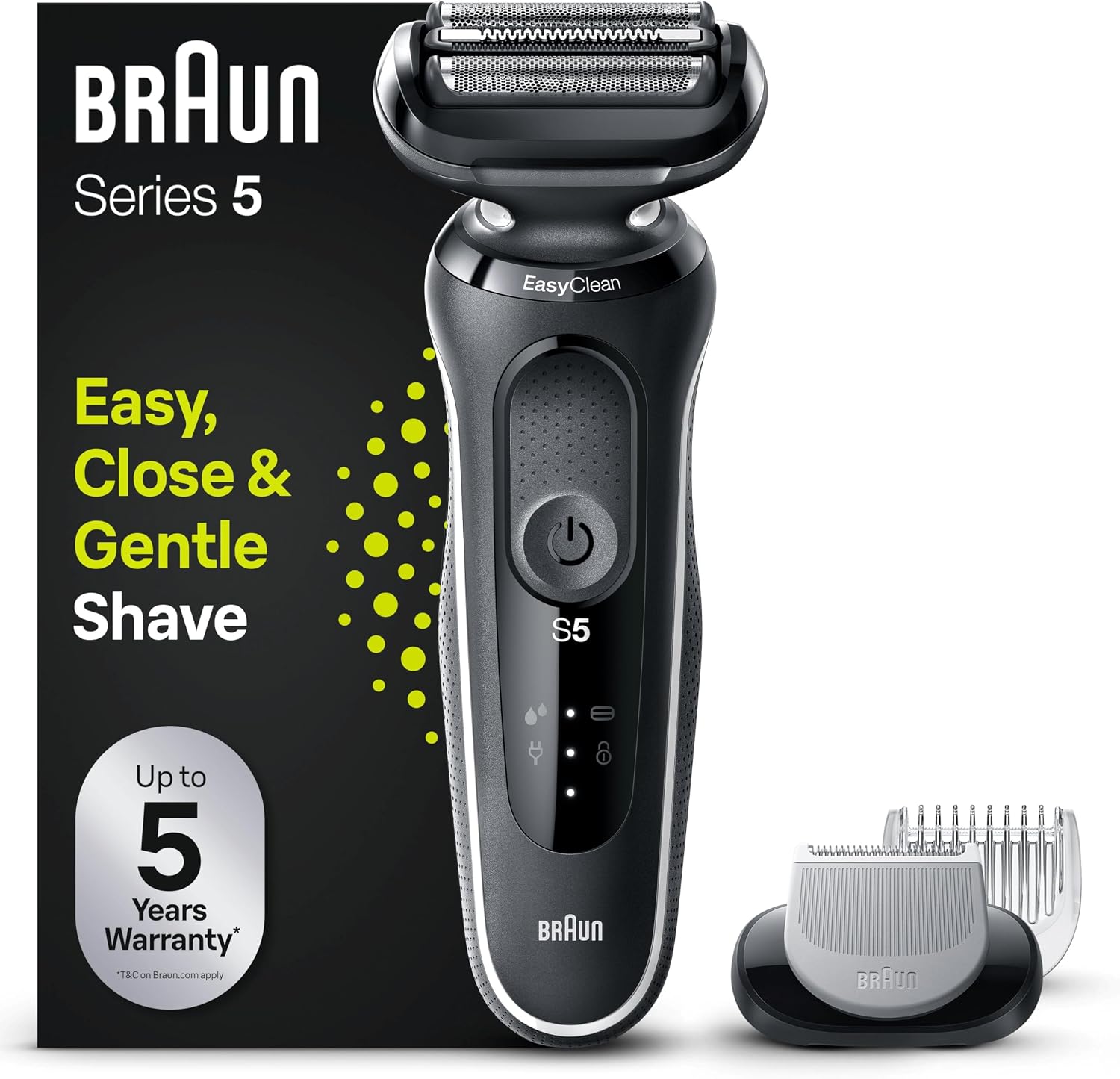 Braun Series 5 51-W1600s Rasoir Électrique Pour Homme Avec Accessoire Tondeuse Pour Le Corps EasyClick, Système EasyClean, Technologie Wet & Dry, Rechargeable, Rasoir À Grille Sans Fil, Blanc - Image 1
