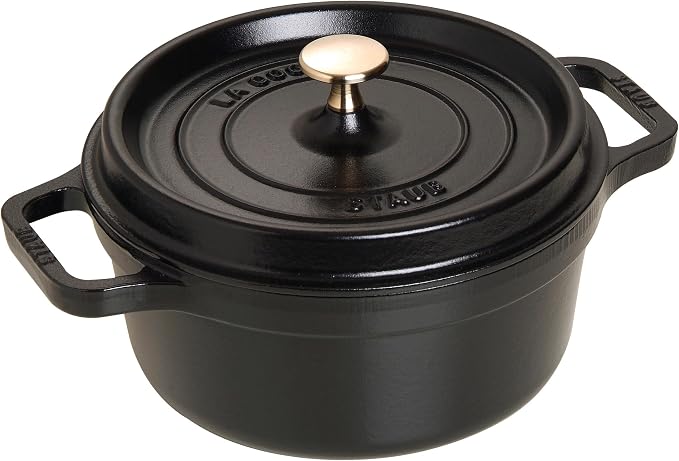 STAUB Enamelled Cast Iron Casserole Dish with Lid, Suitable for All Heat Sources Including Induction, 2 to 3 People, Round, 22 cm, 2.60 L, 4.7 kg, Matte Black - Image 1