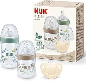 NUK for Nature Start 4 x Baby Bottles and Dummies 0-6 Months 100% Natural Raw Materials, 2 x Bottles (150 ml and 260 ml), 2 x Silicone Teats, BPA-Free, 4 Pieces