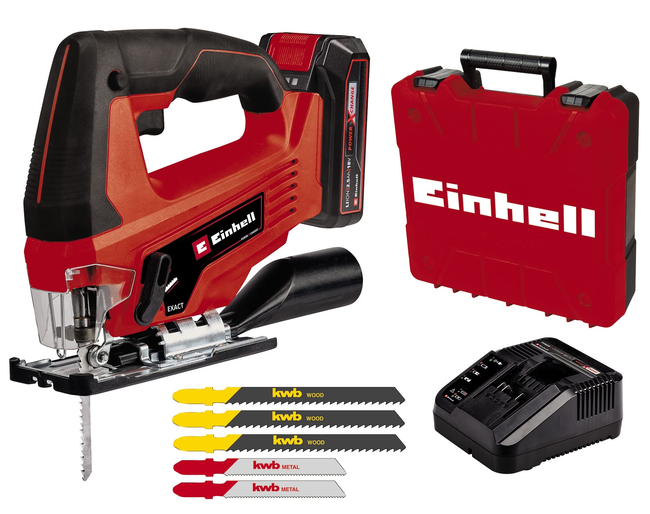 Einhell Cordless Jigsaw TC-JS 18 Li Kit - Power X-Change (18V, 3 wood blades and 2 metal blades included) Comes with 2.5Ah Battery and Charger - Image 1