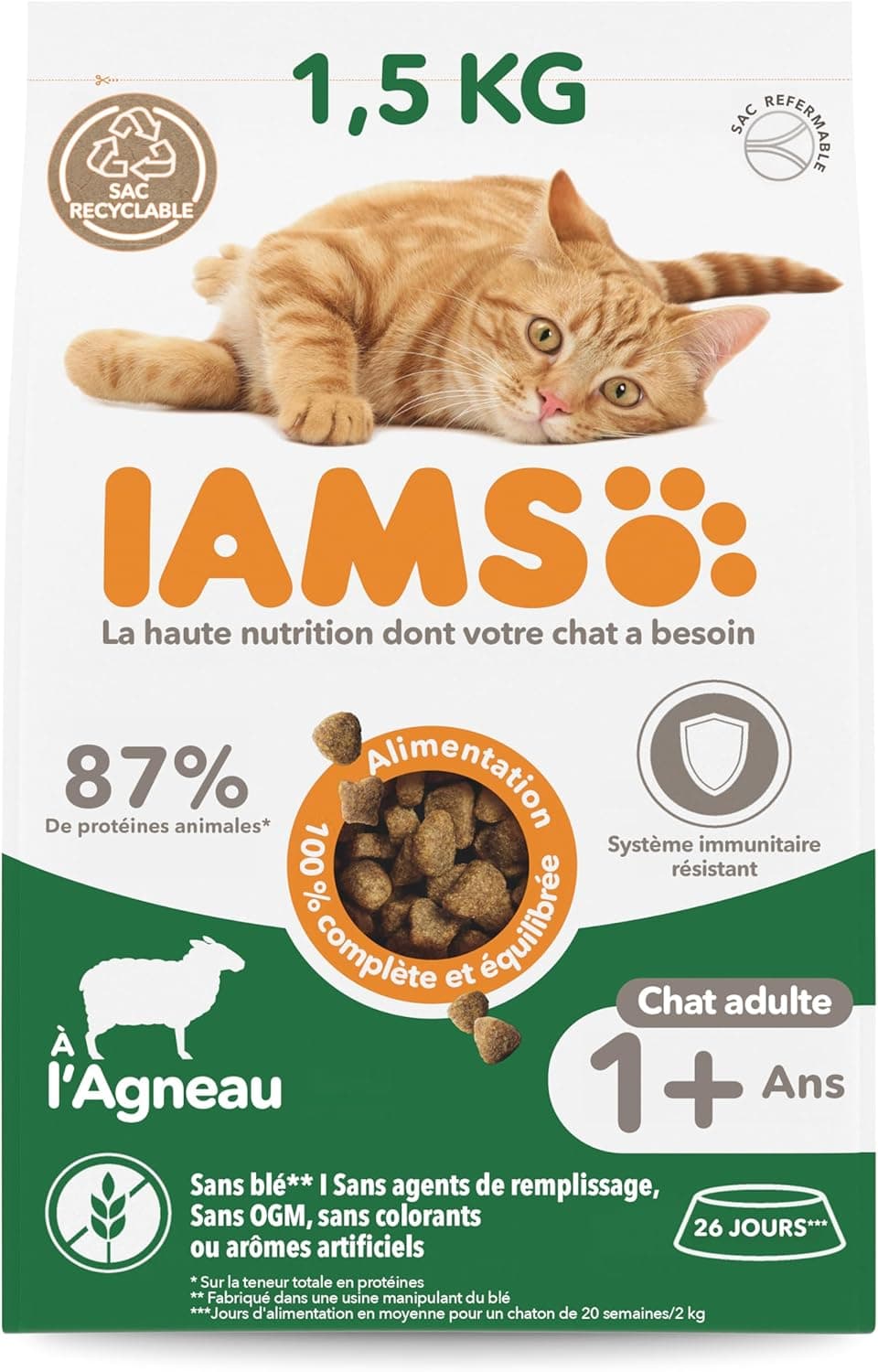 IAMS Vitality - Croquettes Premium Chats Adultes 100% Complètes Et Équilibrées - A L'Agneau - Sans OGM Colorant Arôme Artificiel - Sac Refermable 1,5