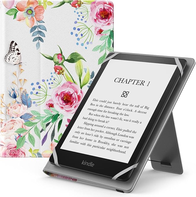 MoKo Universal Case for 6" 6.8" 7" eReaders Fire Tablet - Kindle/Kobo/Voyaga/Lenovo/Sony E-Book E-Reader Tablet, PU Case with Adjustable Stand and Hand Strap, Green Flower - Image 1