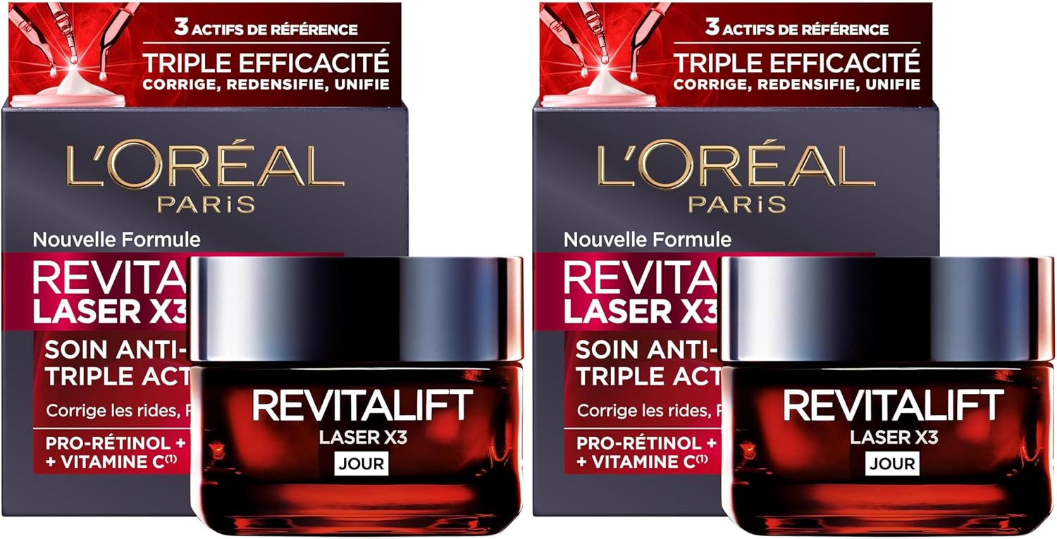 L'Oréal Paris - Anti-Aging Deep Face Care - Triple Action Day Cream - With Hyaluronic Acid, Pro-Retinol and Vitamin C - All Skin Types - Revitalift Laser X3-50ml (Pack of 2) - Image 1
