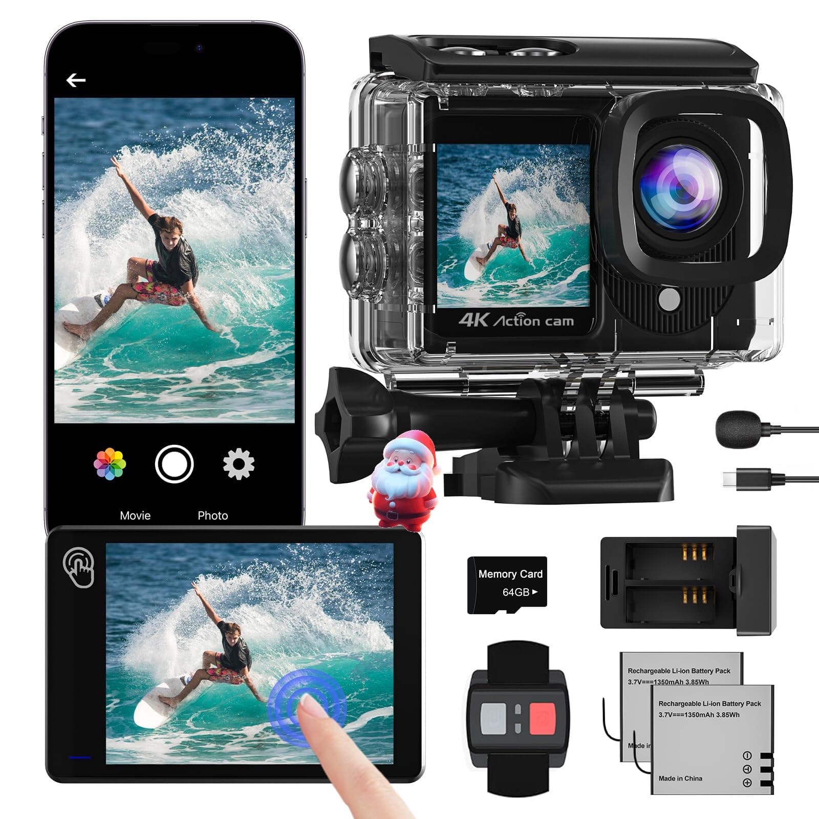 4K60FPS 48MP Touch Screen Sports Action Camera with 64GB Card, 40M Waterproof Cameras, EIS 170° Marine Cameras with WiFi Remote Control, 2 x 1350 mAh Various Accessories
