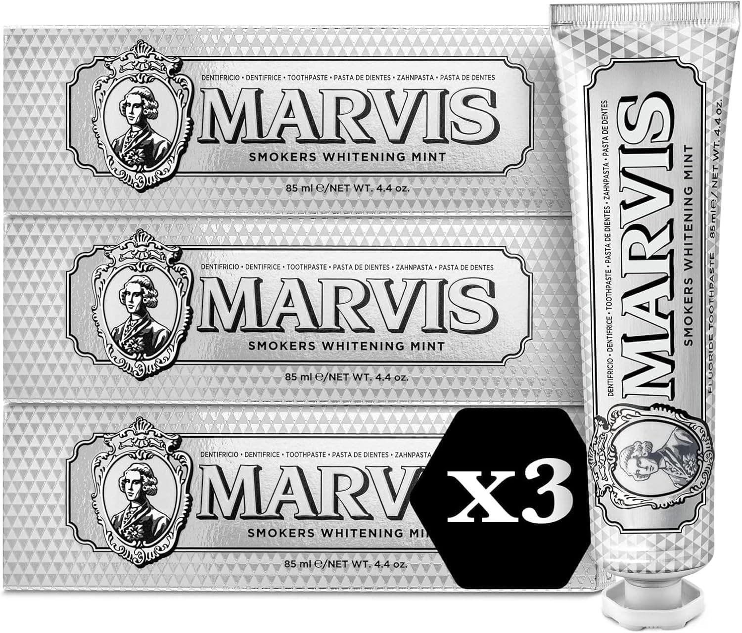 Marvis Lot de 3 dentifrices blanchissants pour fumeurs, Menthe, 3 x 85 ml, Favorise le blanchiment naturel des dents, Dentifrice anti-plaque dentaire