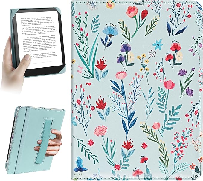 HoYiXi Universal Funda 6.8 Inch 7 Inch E-Book Reade Compatible with Kindle Paperwhite/Kobo/BOOX T68/iReader Ocean/Sony,6.8"-7" eReade Protective Cover Case, Elastic Rope, Azules Flores - Image 1
