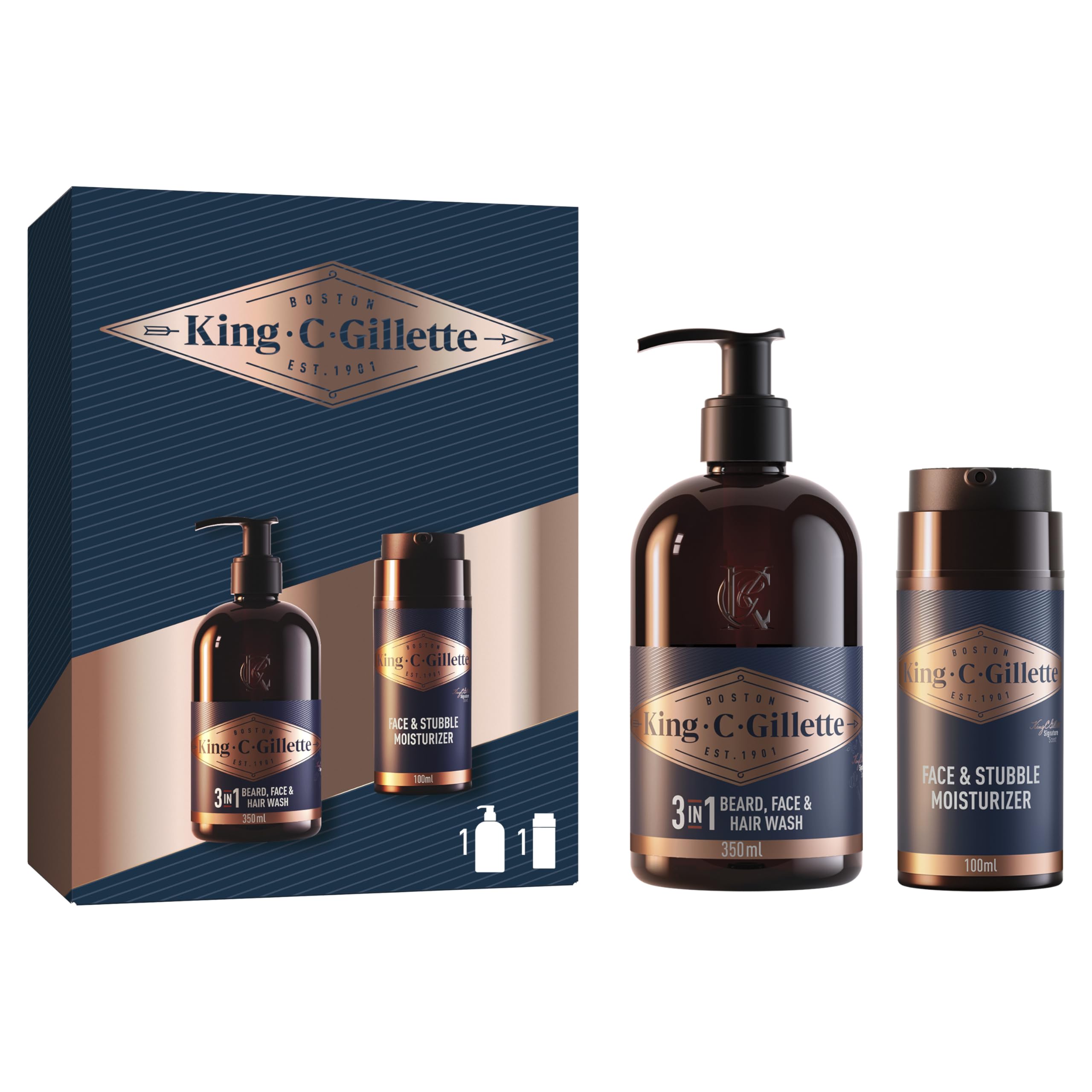 Gillette King C. Men's Beard Kit, Hair & Skin Care Set, Includes 3-in-1 Beard Cleanser, Face & Hair 350ml, Moisturizing Care 100ml, Signature Refreshing Fragrances - Image 1