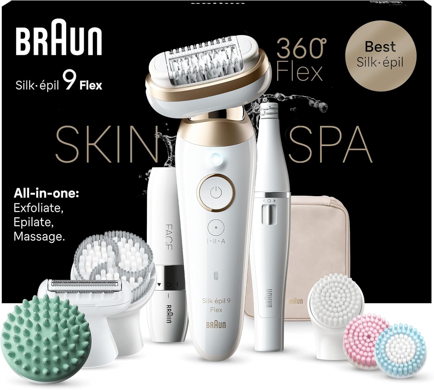 Braun Epilateur Electrique Pour Femmes Silk-épil 9 9-681 3D, Tête Flexible 360°, Etanche, Sans Fil, Kit De Spa Tout-En-Un Avec Accessoire FaceSpa, Mini-Rasoir Visage, Tête Exfoliante, Tête De Massage - Image 1