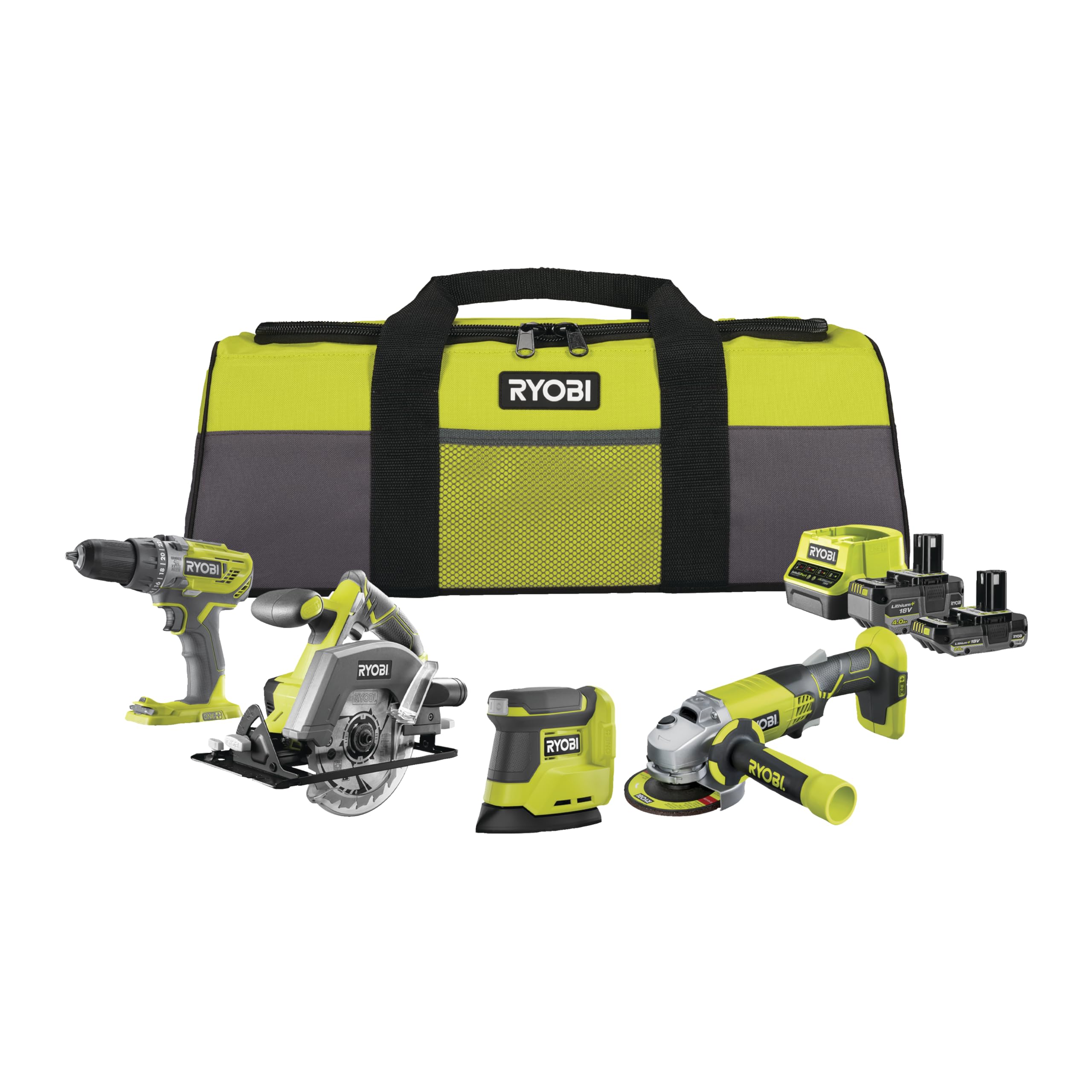 RYOBI - Kit 4 tools 18V ONE+ RCK184O-242SZL: Impact drill 50Nm, Grinder 115mm, Triangle sander, Circular saw 150mm - Image 1