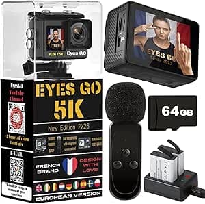 5K Sports Camera 5K30fps 4K60FPS 120FPS French Brand 31 Photo Accessories 50MP 2 Touch Screens Vlog Remote Control Micro 360° Stabilizer E.I.S 2.0 Waterproof 30M SDXC Card 64GB 2 x 1350 mAh