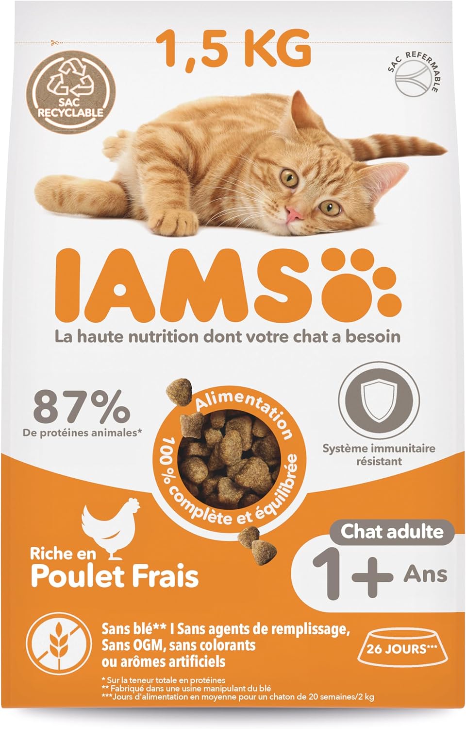 IAMS Advanced Nutrition - Croquettes Premium Chats Adultes - 100% Complètes et Equilibrées - Au poulet frais - Sans OGM Colorants Arômes Artificiels - Sac refermable 1,5 kg - Image 1