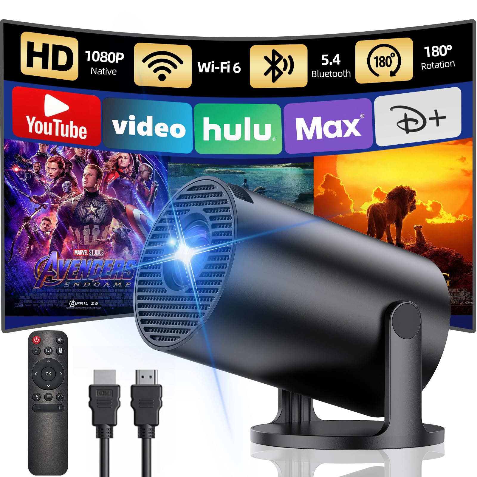 Portable Video Projector, Yoton Mini Projector with Wi-FI 6 and BT 5.4 Supports 1080P, Auto Keystone, Mobile Screen Sharing (Android and iOS), Compatible with HDMI/TV Stick, Native 720P, Black - Image 1