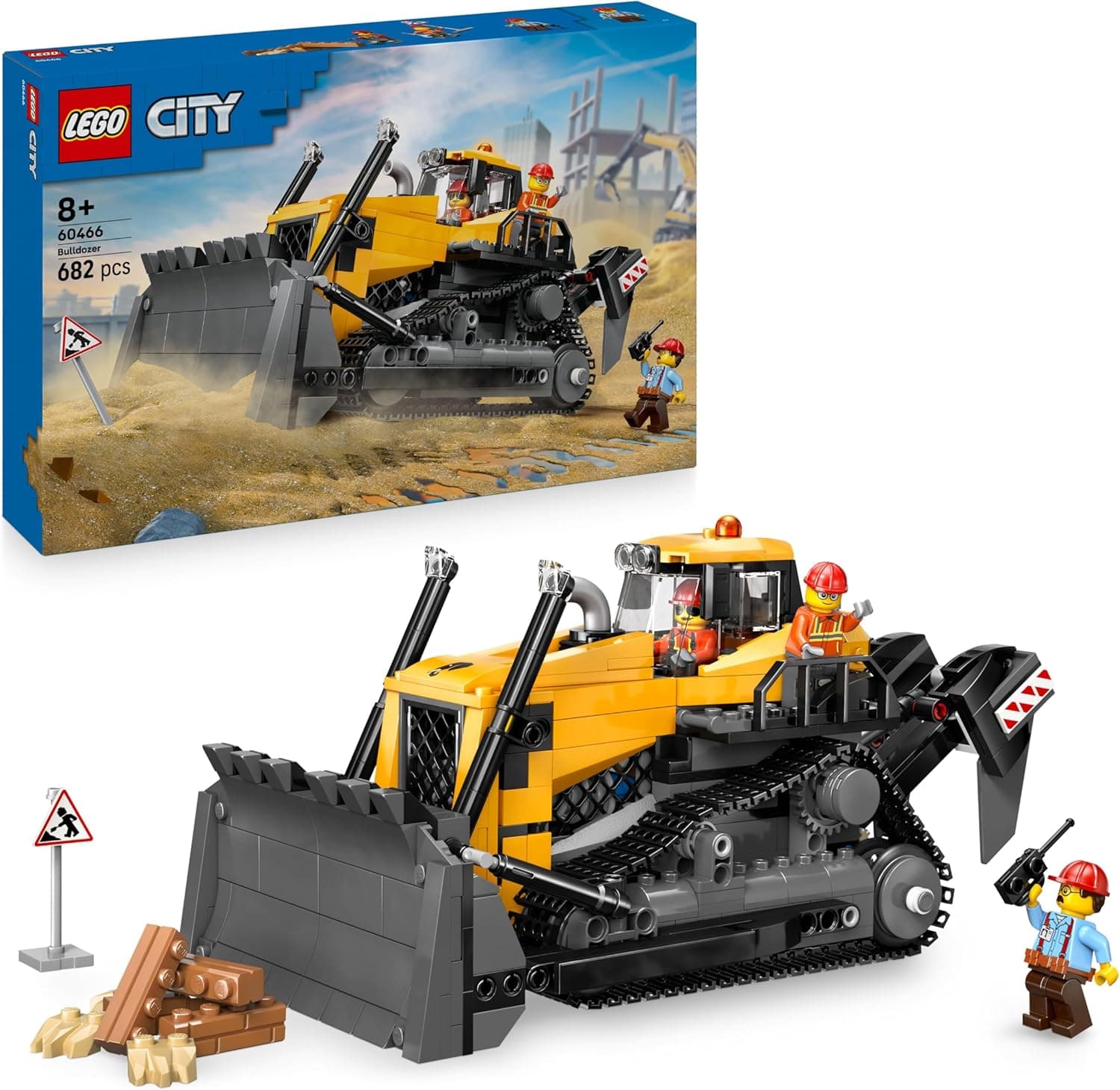 LEGO City Le Bulldozer Jaune - Jeu de Construction de véhicule de Chantier de Grande Taille - 3 Minifigurines - Briques supplémentaires & Panneau - Cadeau d'anniversaire pour garçon dès 8 Ans 60466