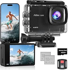 4K60FPS Sports Camera 48MP Action Camera with 128GB Card, 40M Waterproof Cameras, EIS Underwater Camera 170° with WiFi Remote Control, 2 x 1350 mAh Various Accessories - Image 1