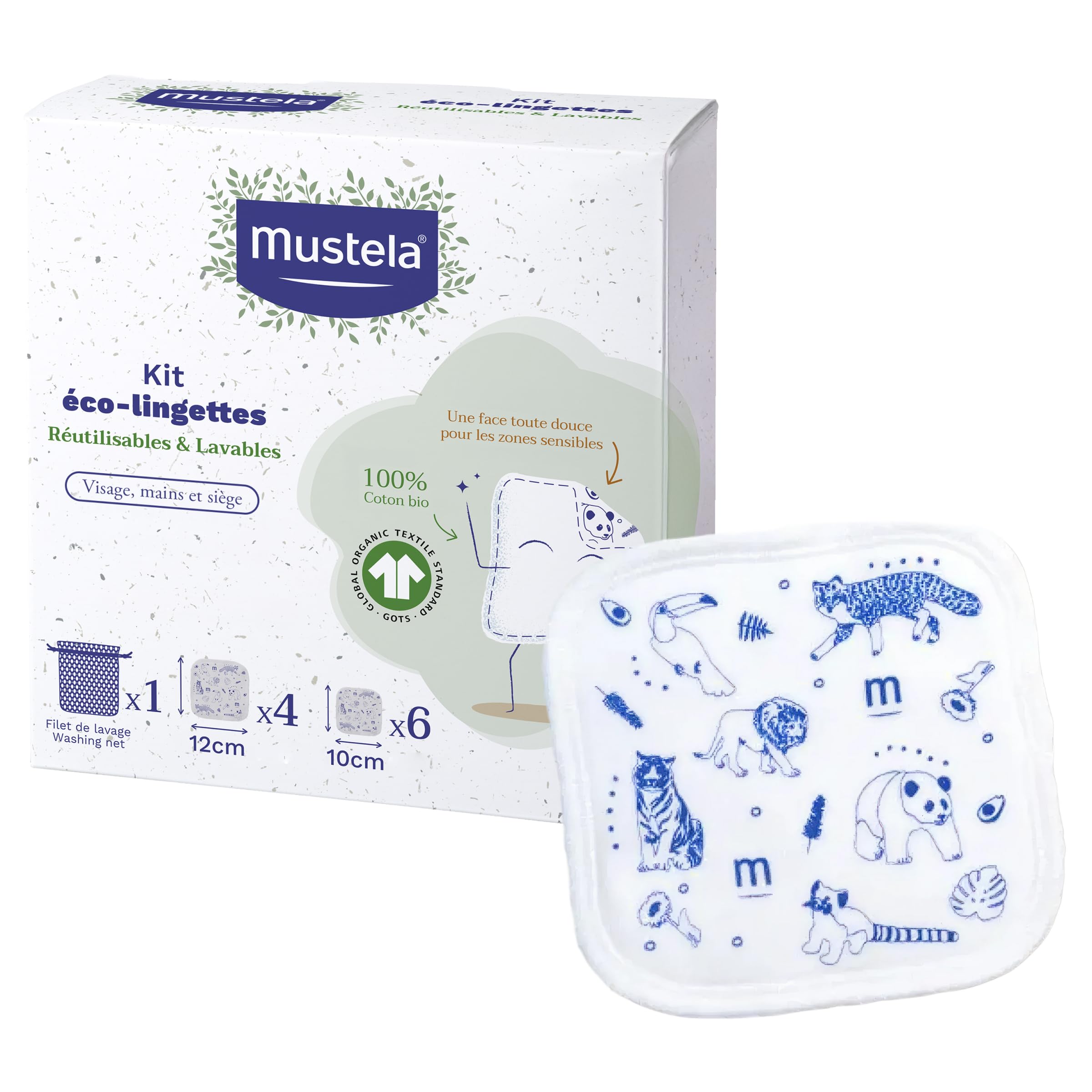 Mustela GOTS 100% Cotton Reusable Wipes for Changing Body and Makeup, Baby and Family - Clean Skin and Absorb Dirt, Suitable for Sensitive Skin (10 Pcs) - Image 1