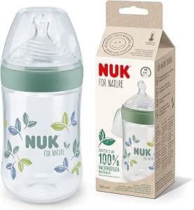 NUK for Nature Feeding Bottle, Medium Teat, 260 ml, Durable Silicone Teat with Anti-Colic Vent, Temperature Control, BPA-Free, Green - Image 1