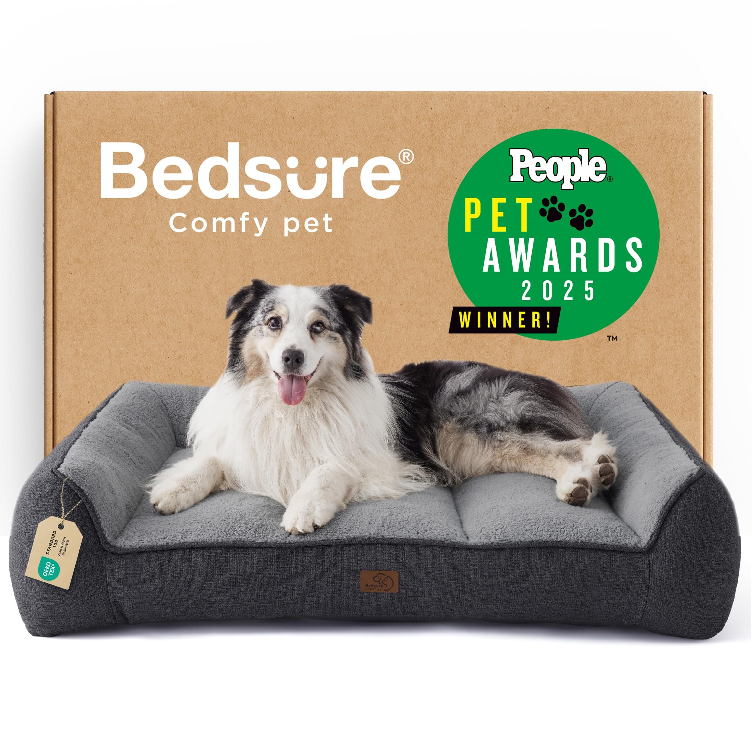 Bedsure Washable Large Dogs Bed, 106 x 76 cm, Extra Thick and Supported Dog Sofa with Waterproof Cover, Non-Slip Soft Sherpa Plush Bed, Dark Grey