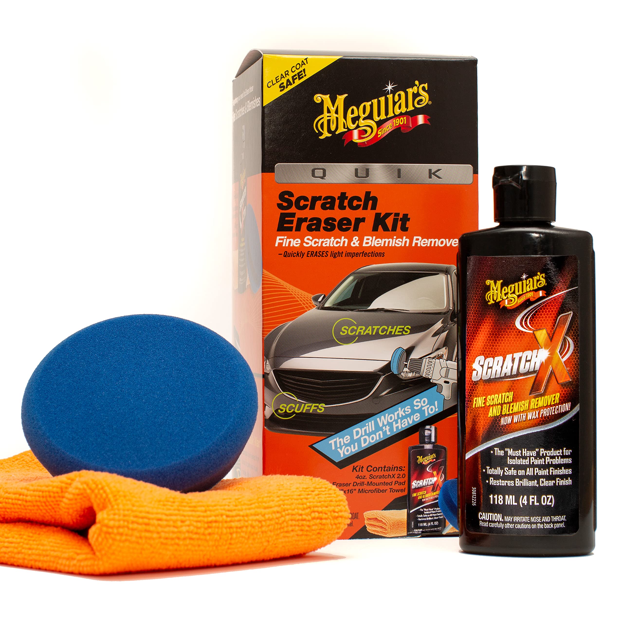 Meguiar's Quik Scratch Eraser Kit for Car that Eliminates Blemishes Includes Meguiar's ScratchX Drill Mounted Pad, Microfiber Towel - Image 1