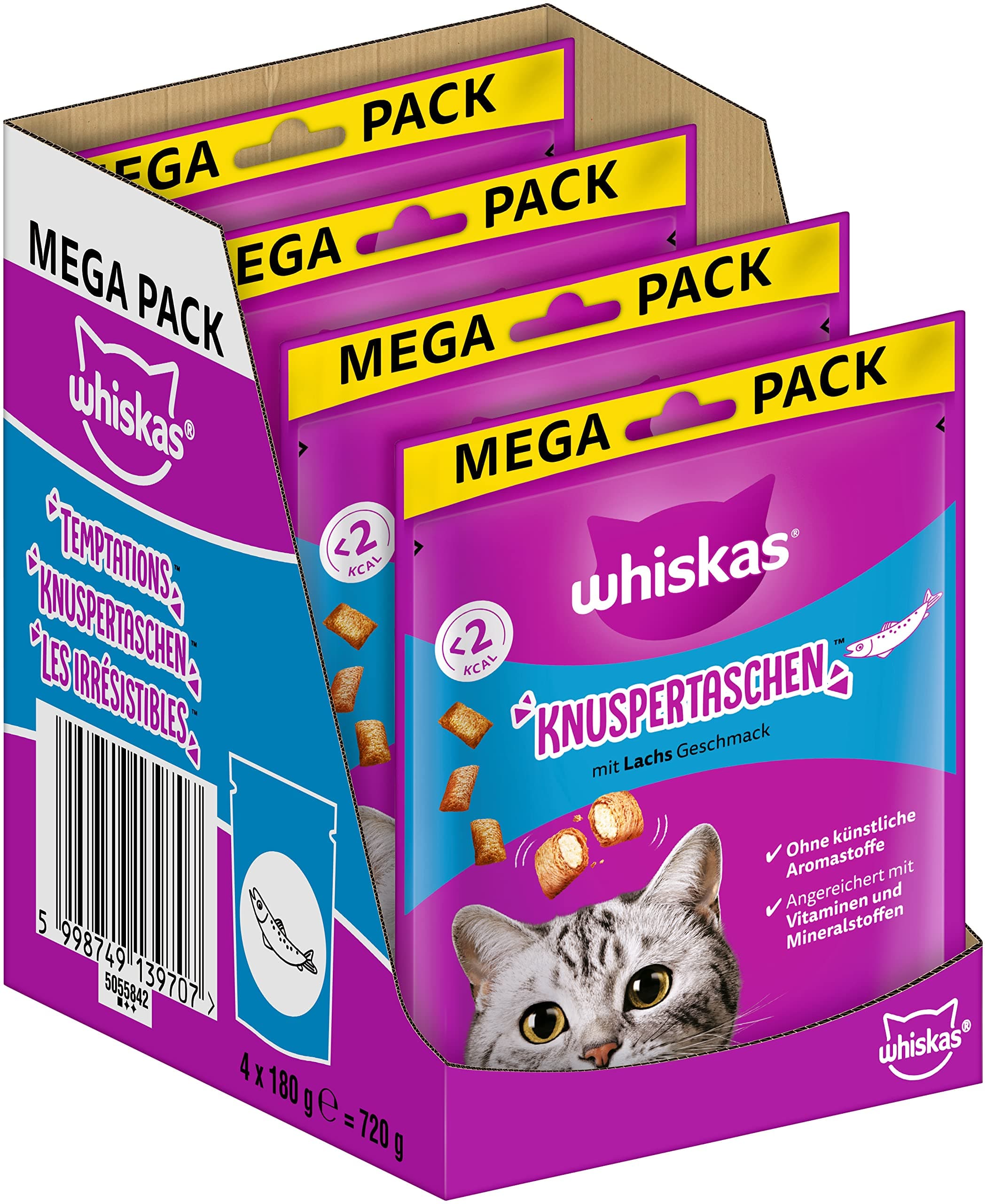 Whiskas Knuspertaschen 4 Packs of Salmon Flavoured Cat Treats, 4 x 180 g (4 Packs) - Various Product Packaging Available