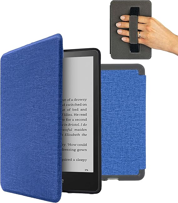 MyGadget Housse pour Amazon Kindle Paperwhite 11e Génération dès 2021 - Etui Nylon Poignée élastique - Flip Case Tissu - Cover Bleu Foncé - Image 1