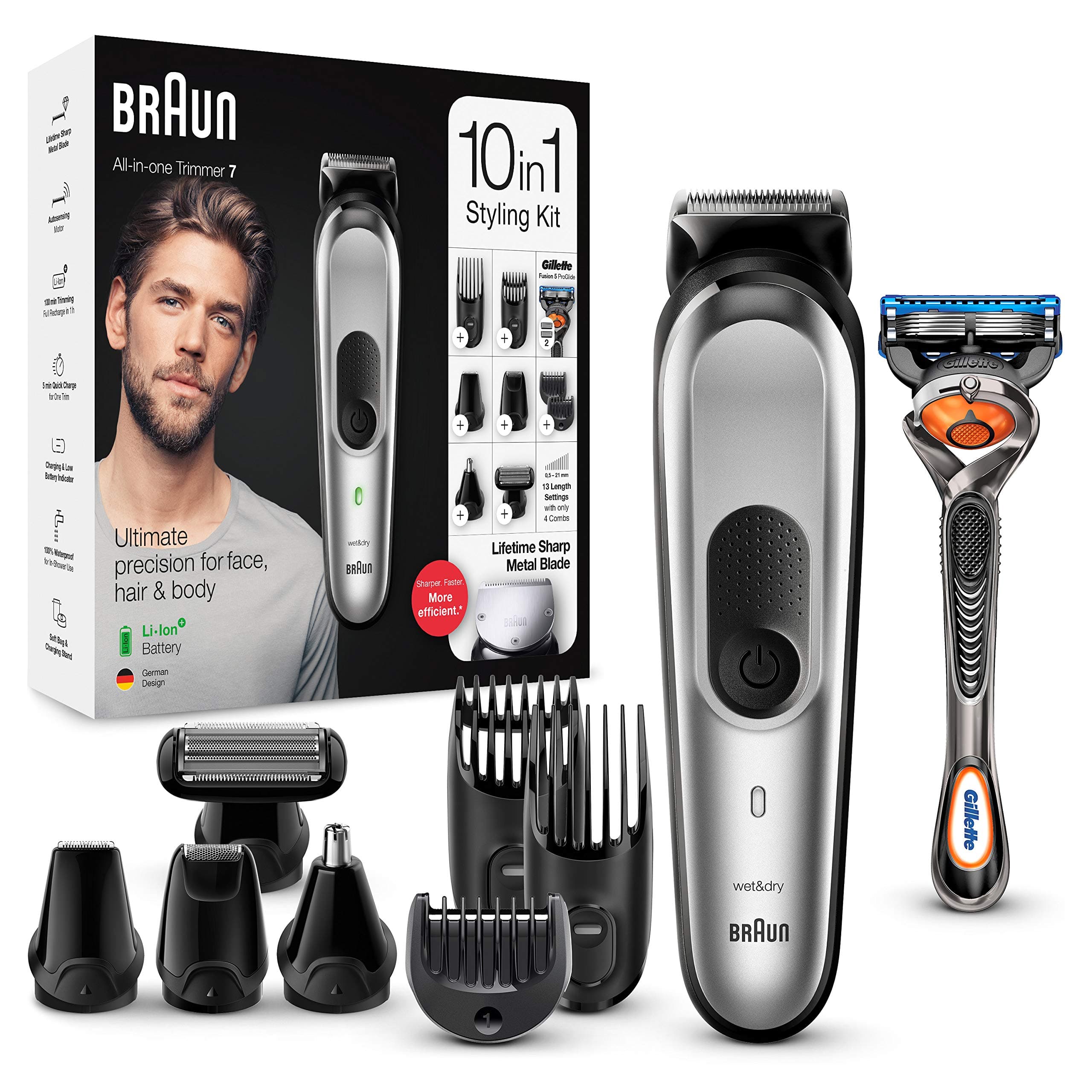 Braun Series 7 All-in-One Electric Beard Trimmer 10-in-1 with 8 Accessories, Hair and Body, Charging Base and Adaptive Motor, MGK7220, Silver Grey