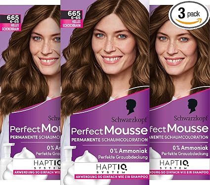 Schwarzkopf Perfect Mousse Permanent Mousse Hair Colour 665/6-65 Light Chocolate (90 ml) Hair Colour with Perfect Grey Coverage, Intense Care and Conditioning - Image 1