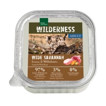 REAL NATURE WILDERNESS nourriture humide pour chat, Adulte 16x100 g Wide Savannah agneau & sanglier 16x100 g - Image 1