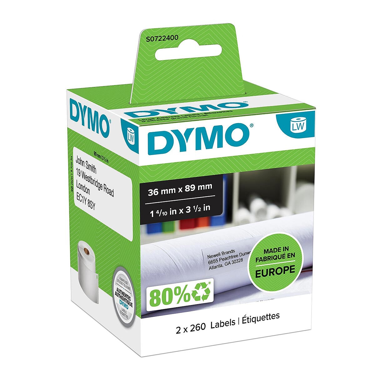 DYMO Pack de 2 rouleaux d'étiquettes adresse larges pour LabelWriter - 89 x 36 mm - Image 1