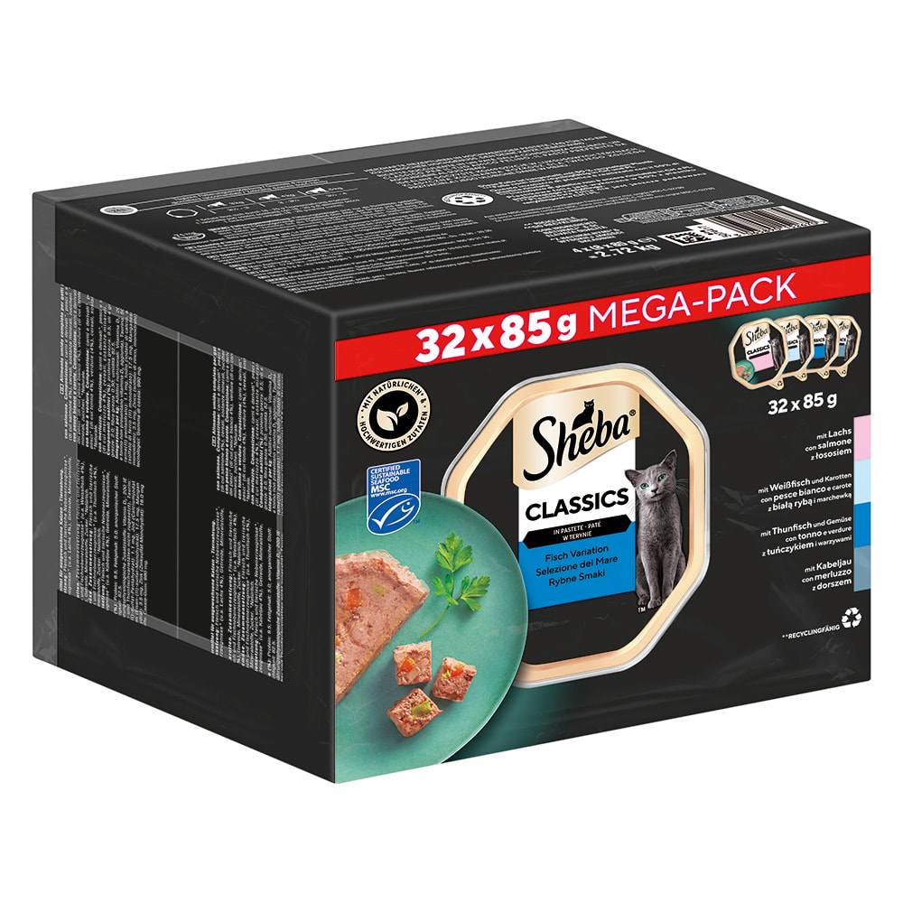 Sheba Multireceta 32 x 85 g en tarrinas comida húmeda para gatos - Classic en paté con pescado - Image 1
