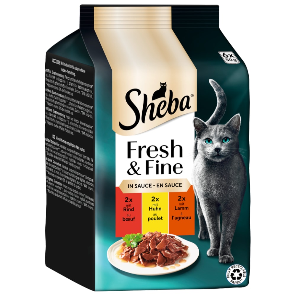 Sheba Fresh & Fine en bolsitas 72 x 50 g - Megapack Ahorro - Vacuno, pollo y cordero en salsa - Image 1