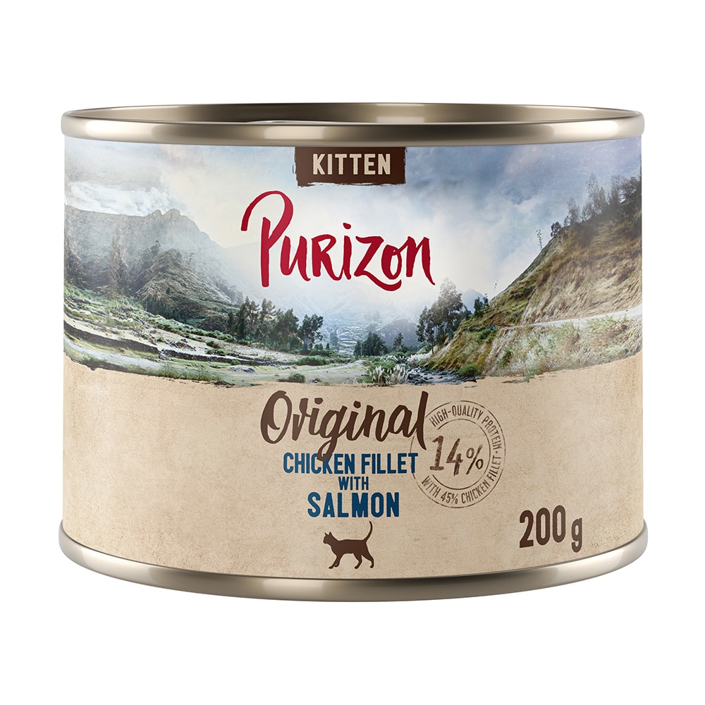 Purizon Adult 12 x 200 g comida húmeda para gatos, sin cereales - Pack ahorro - Kitten: Filete de pollo con salmón - Image 1