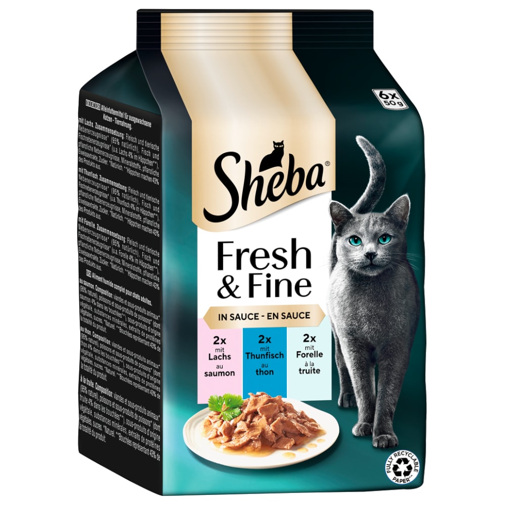 Sheba Fresh & Fine en bolsitas 72 x 50 g - Megapack Ahorro - Salmón, atún y trucha en salsa - Image 1