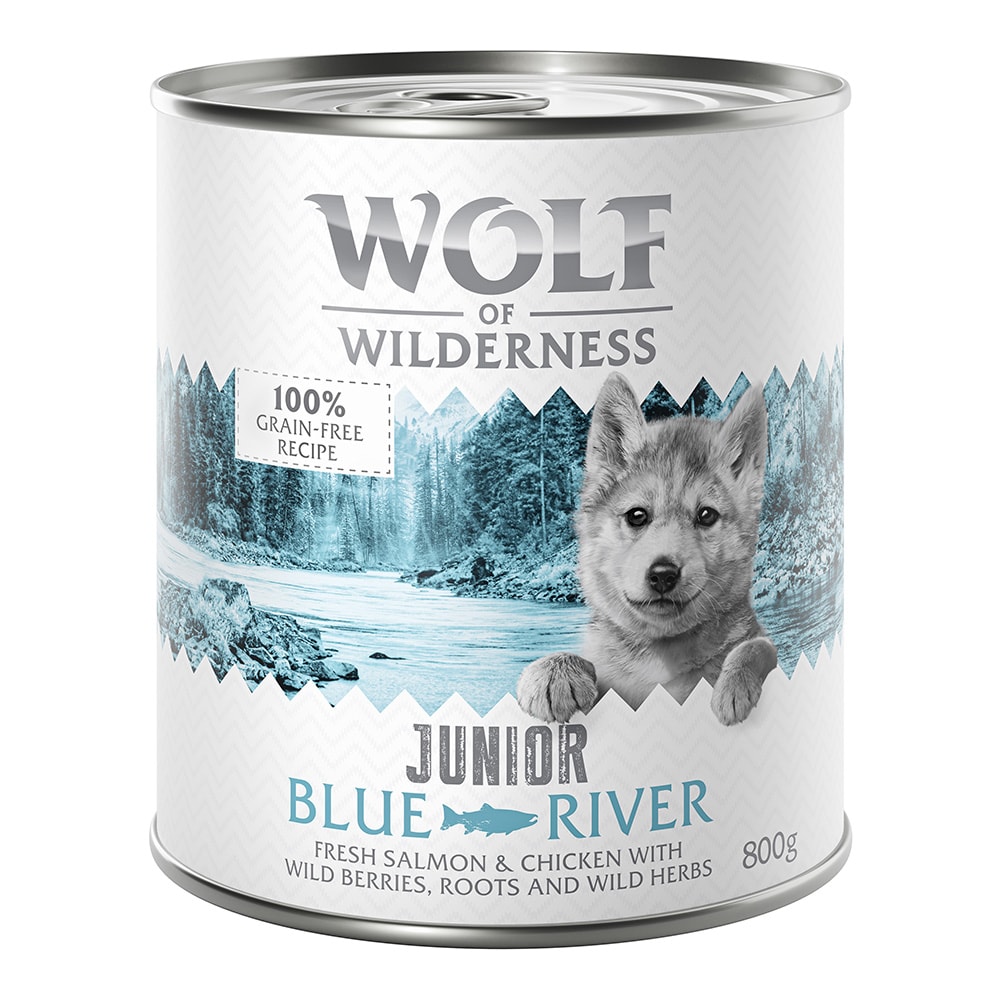 Wolf of Wilderness Junior 12 x 800 g - Pack Ahorro - Blue River Junior, con pollo y salmón - Image 1