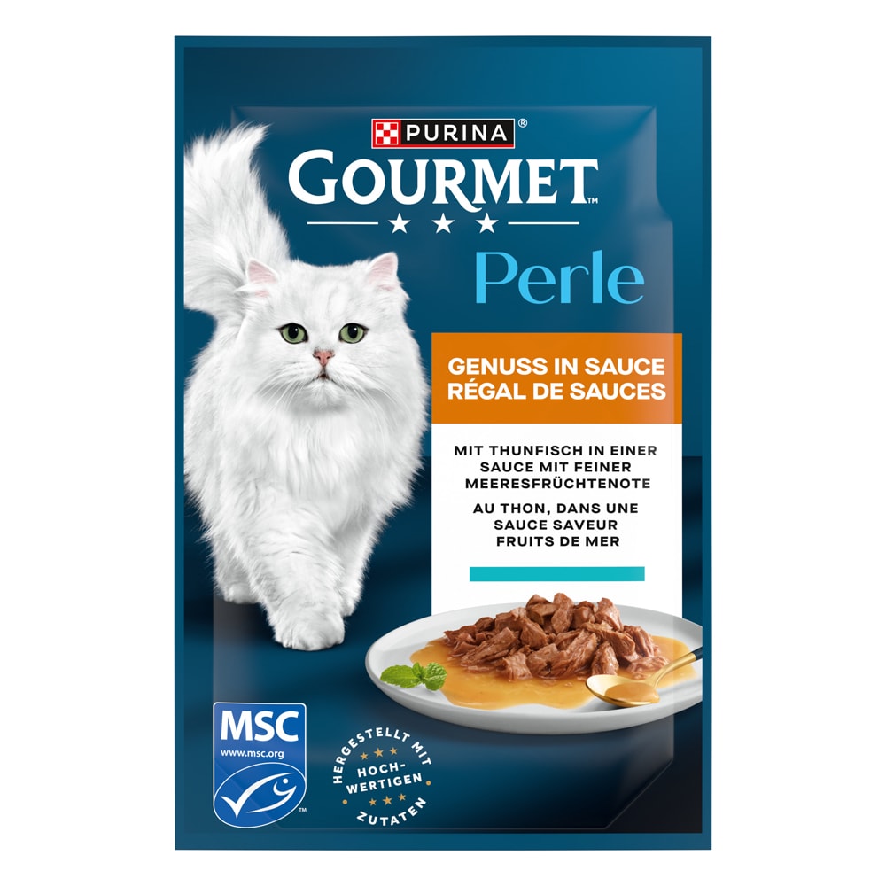 Purina Gourmet Perle Delicias en Salsa 52 x 85 g - Pack Ahorro - 52 x 85 g - Atún en una salsa con sabor a marisco - Image 1